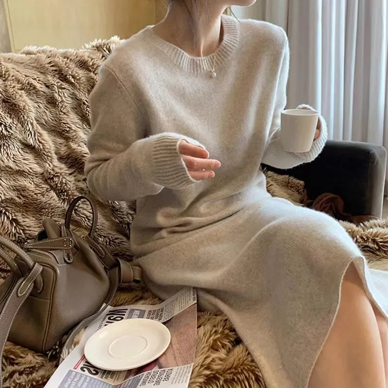 xakxx xakxx-Simple round neck pure cashmere knit dress women's knee-high autumn and winter new coat with long sweater skirt.