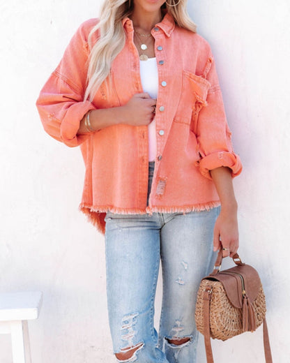 xakxx Jackets for Women  Spring Autumn New Lapel Long Sleeve Denim Coat Vintage Clothing Streetwear Ladies Tops Women Coats Frayed