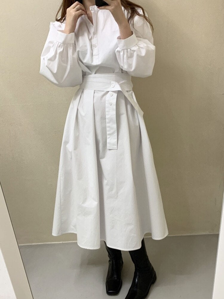 xakxx Elegant Women Stand Bandage Shirt Dress Lantern Sleeve Slim Waist Fashion White Dresses  Autumn New Tide Vestido U1452