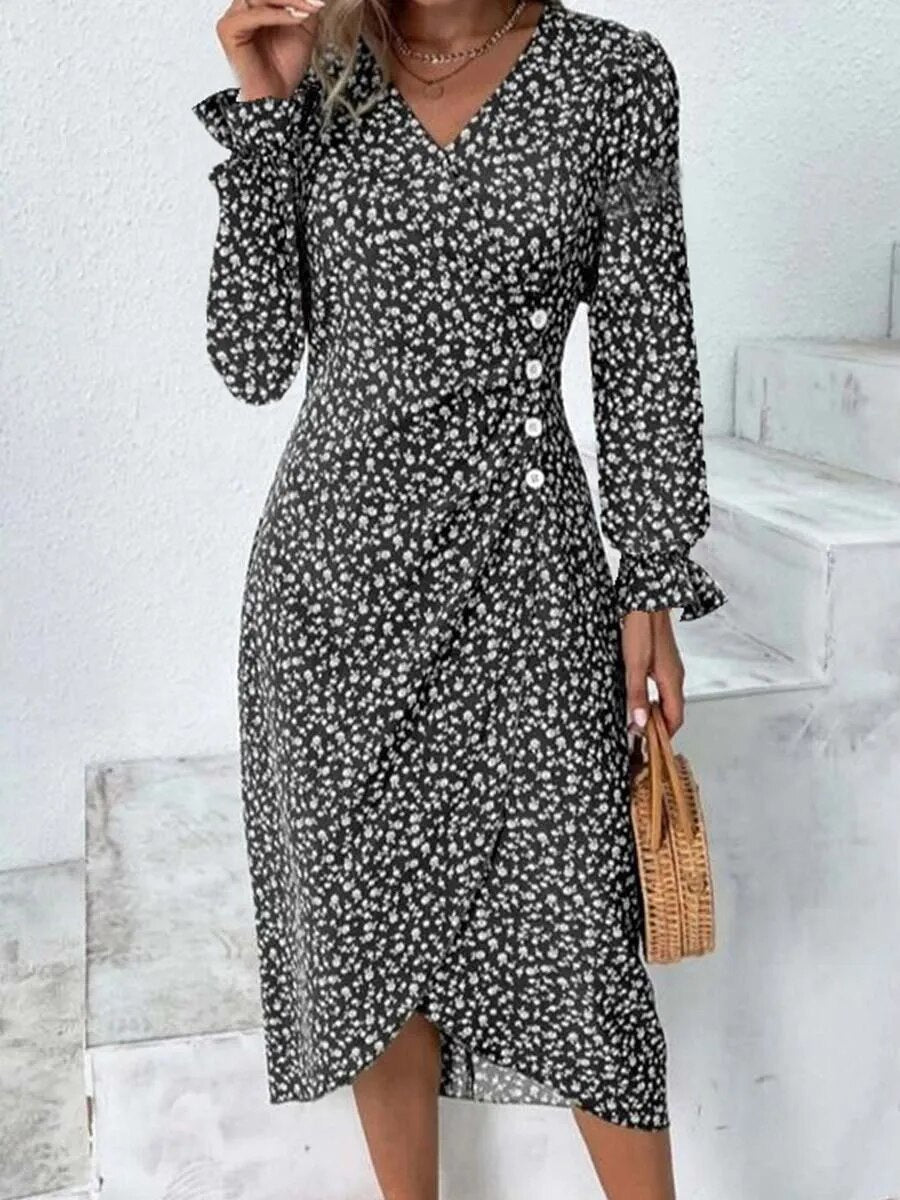 xakxx-  Autumn Floral Bodycon Midi Dress For Women V Neck Long Sleeve Ruched Slim Fit Dresses Female Sexy Vestido Robe