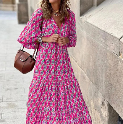 xakxx- Half Bubble Sleeves V-Neck Long Dress Women's Casual Loose Maxi Dress Green Geometric Printed Robe Bohemian Party Dresses