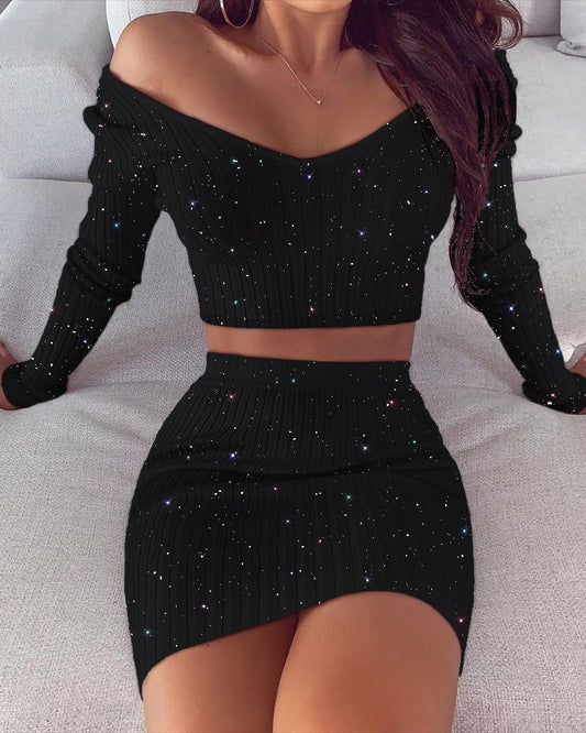 xakxx Back to School  Spring Fashion Women Sexy Casual Two-Piece Set Suit Sets Bodycon Dress Glitter Off Shoulder Crop Top & Skirt Sets