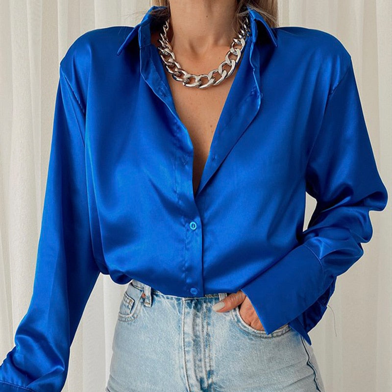 xakxx Satin Long Sleeve Blouses Women  Vintage Blue Green Silk Shirt Women Casual Loose Button Up Down Shirts Elegant Tops 18913