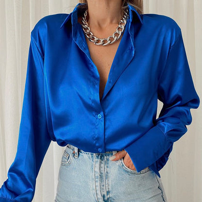 xakxx Satin Long Sleeve Blouses Women  Vintage Blue Green Silk Shirt Women Casual Loose Button Up Down Shirts Elegant Tops 18913