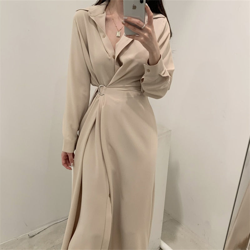 xakxx Women Single Breasted Midi Lace Up Slim Solid Shirt Dress Long Sleeve Elegant Vestidos Femme