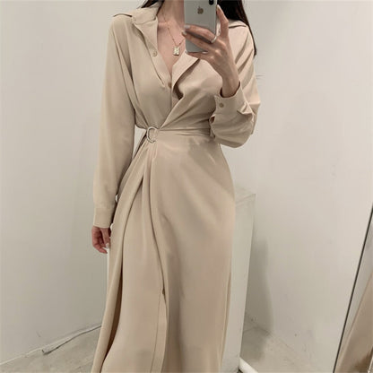 xakxx Women Single Breasted Midi Lace Up Slim Solid Shirt Dress Long Sleeve Elegant Vestidos Femme
