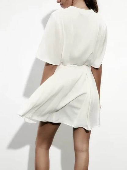 xakxx - New women's  round neck short sleeve dress V-shaped neckline with lining woven belt short dress