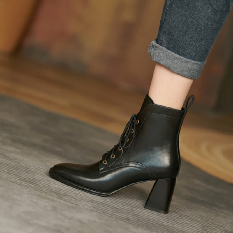 xakxx Black Friday  Fashion Women Shoes Square Toe High Heel Shoes For Women Black Leather Boots Women Lace Up Modern Boots Winter Women Boots