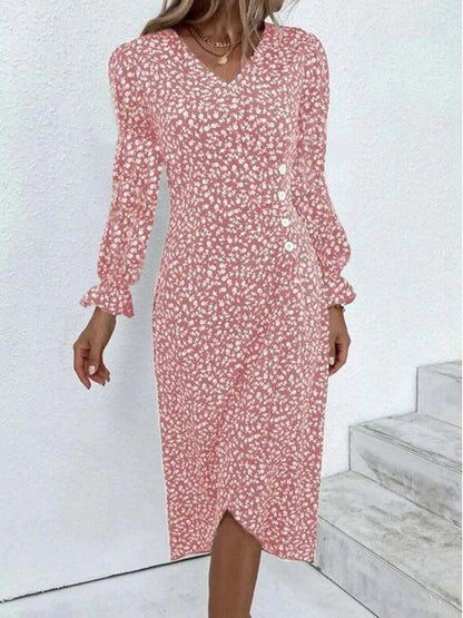 xakxx-  Autumn Floral Bodycon Midi Dress For Women V Neck Long Sleeve Ruched Slim Fit Dresses Female Sexy Vestido Robe