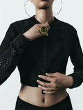 xakxx- New women's clothing temperament fashion versatile stand collar long sleeve hollow knit short bomber jacket