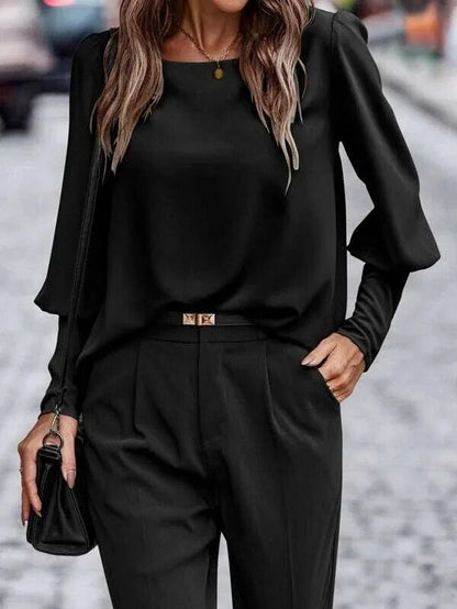 xakxx- Chic New Lantern Sleeve Button O Neck Shirts Women Solid Color Blouse Autumn Spring Lady OL Tops