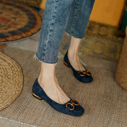 xakxx Ladies Flat Shoes Retro Square Toe Leather Loafers For Women  Spring Casual Flats Elegant Metal Buckle Female Shoes