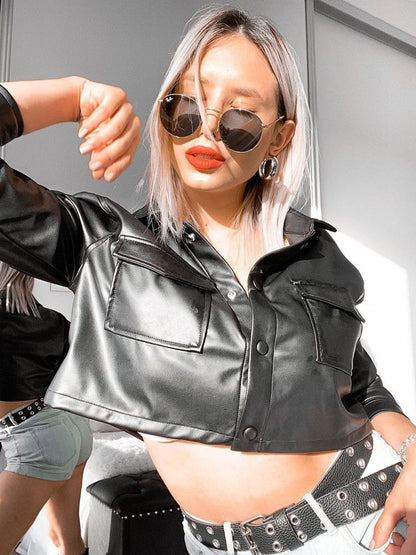 xakxx Autumn outfits Black PU Leather Short Jackets Women Long Sleeve Lapel Button Jacket Coat With Pockets Spring Autumn Outerwear Female