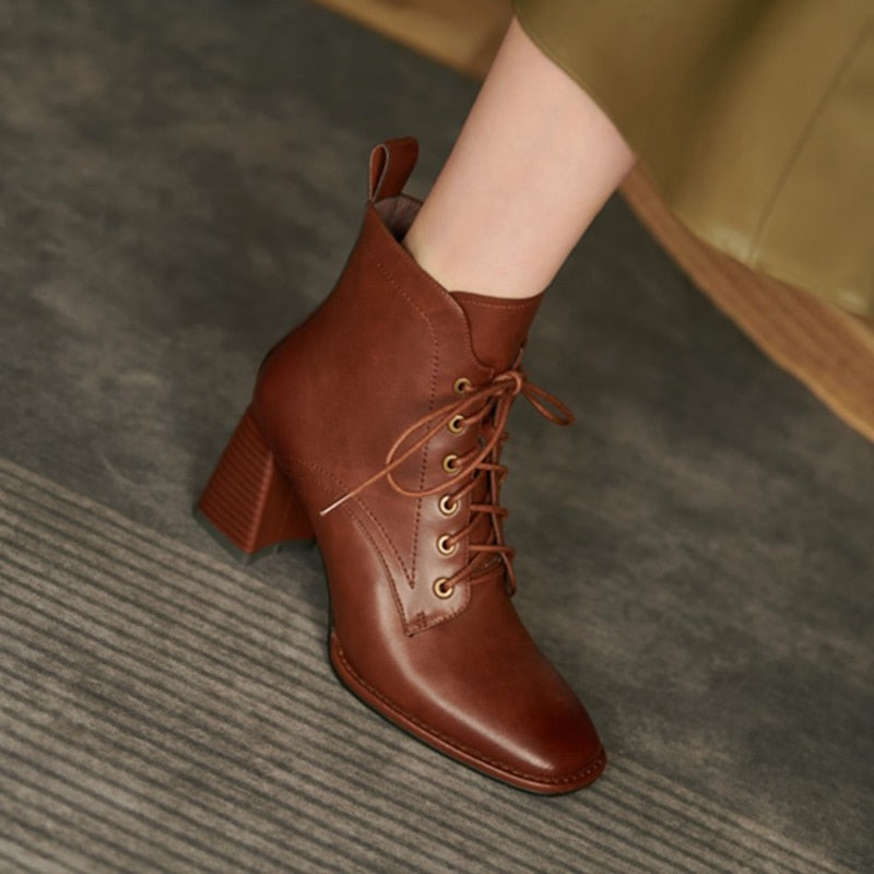 xakxx Black Friday  Fashion Women Shoes Square Toe High Heel Shoes For Women Black Leather Boots Women Lace Up Modern Boots Winter Women Boots