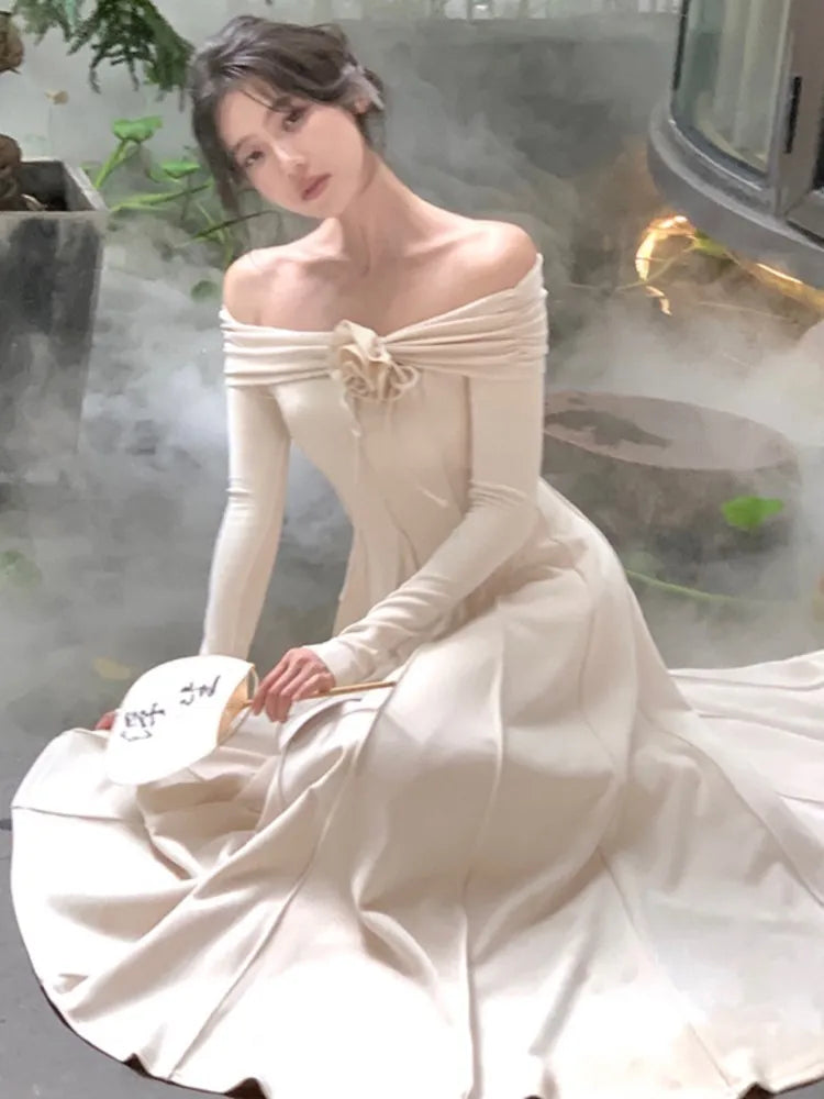 xakxx Fashion Women Elegant Off Shoulder Party Dress French Solid Lady Vintage Long Sleeve Maxi Dresses Sexy New Flora Vestidos Robe