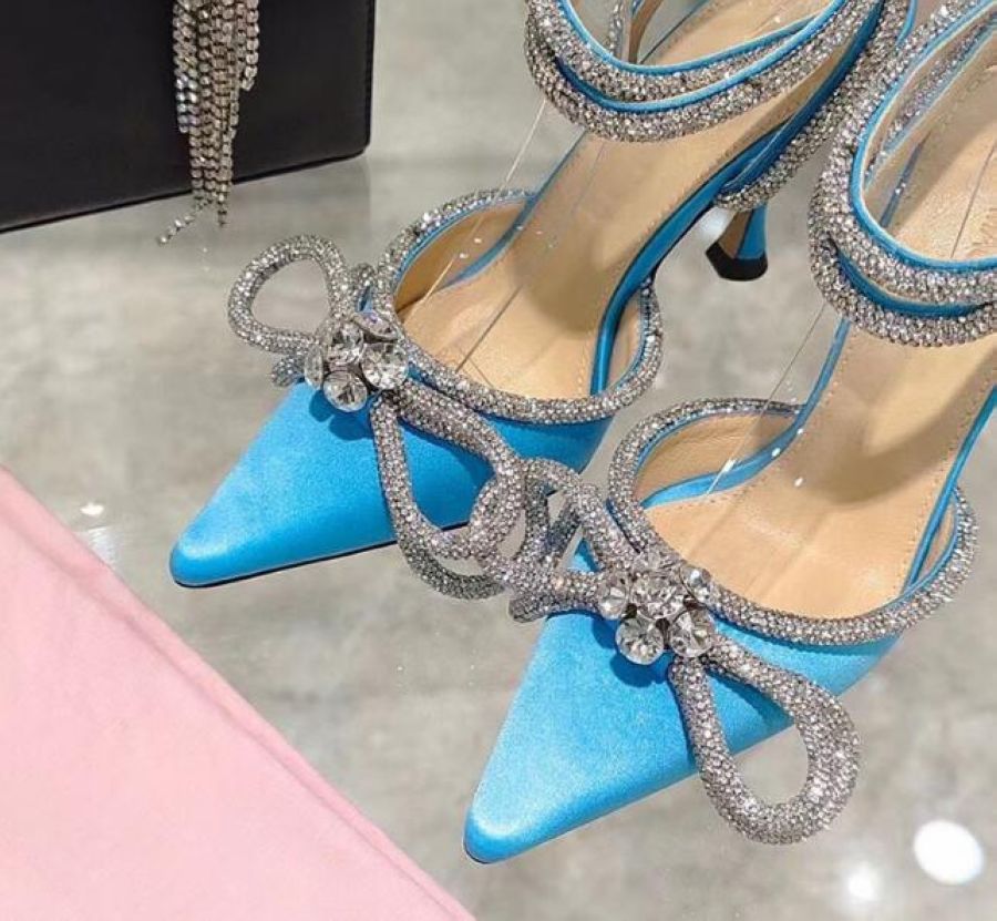 Back to school  Hot Glitter Rhinestones Women Pumps Crystal bowknot Satin Summer Lady Shoes Genuine leather High heels Party Prom Shoes