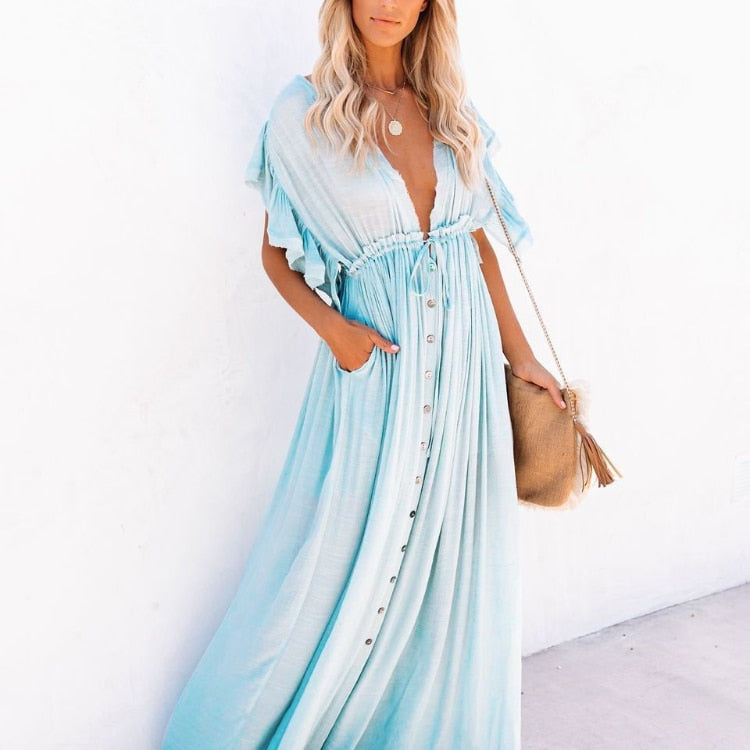 xakxx Women Long Dress Boho Summer Beach Bikini Cover Up Dresses Laides Maxi Casual V-Neck Sundress Vintage Sexy Robe Longue