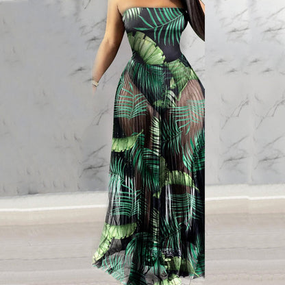 xakxx Fashion Women Mesh Maxi Dress Robes Beachwear Off Shoulder Leaf Print Tube See-Through Pleated Long Party Club Dress