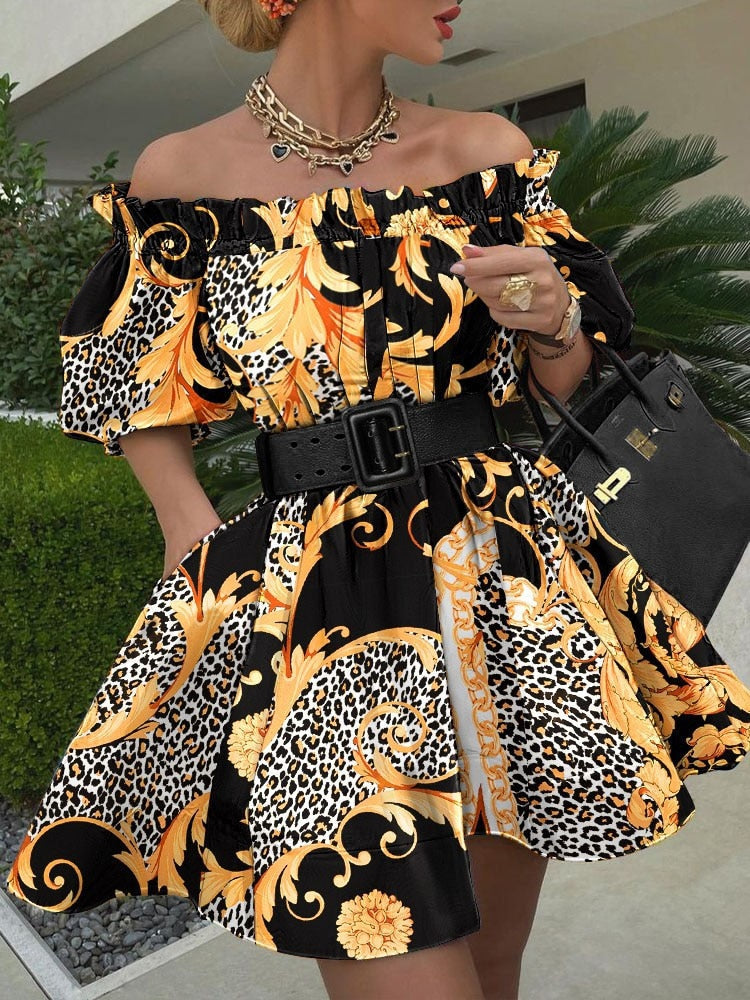 xakxx Women Sexy Off Shoulder Ruffle Belted Tunic Dress Elegant Lantern Sleeve Prom Dresses New Vintage Print Backless Mini Dress