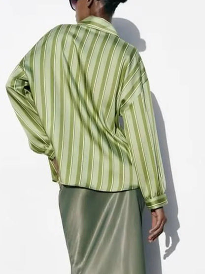xakxx- New Women's  Temperament Fashion Versatile Casual Long Sleeve Polo Shirt Front Button Closed Stripe Loose Fit Shirt