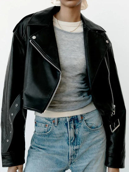 xakxx - New Women's  comes with a belt of the same material with a metal buckle and a front zippered closure faux leather jacket