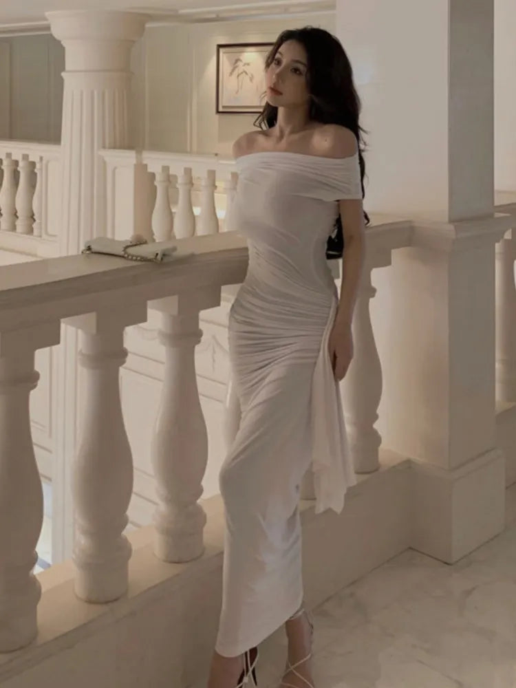 xakxx Sexy Women Off Shoulder Slim Midi Dress For Eve Prom Elegant Fold Solid White Lady Outfits  Summer Vintage Vestidos Robe