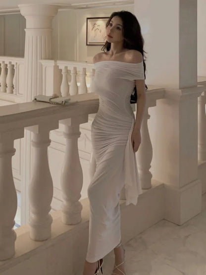 xakxx Sexy Women Off Shoulder Slim Midi Dress For Eve Prom Elegant Fold Solid White Lady Outfits  Summer Vintage Vestidos Robe