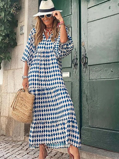 xakxx- Half Bubble Sleeves V-Neck Long Dress Women's Casual Loose Maxi Dress Green Geometric Printed Robe Bohemian Party Dresses
