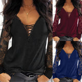 xakxx- Black Lace Perspective Long Sleeve Blouse Female Sexy Deep V Neck Tops women Spring Autumn Pullover T Shirt Clothes