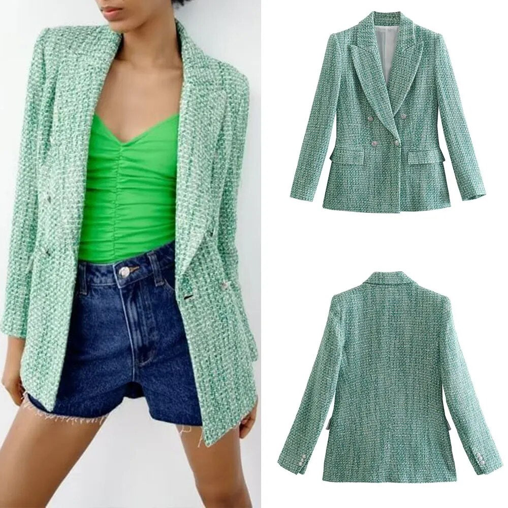 xakxx - Spring and autumn new casual lapel long-sleeved loose retro small fragrance texture double-breasted suit jacket women