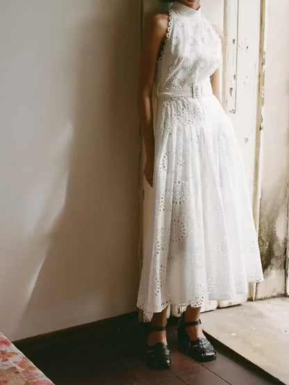 xakxx- New Women's Temperament Casual Fashion Ruili Hollow Out Embroidery Midi Dress