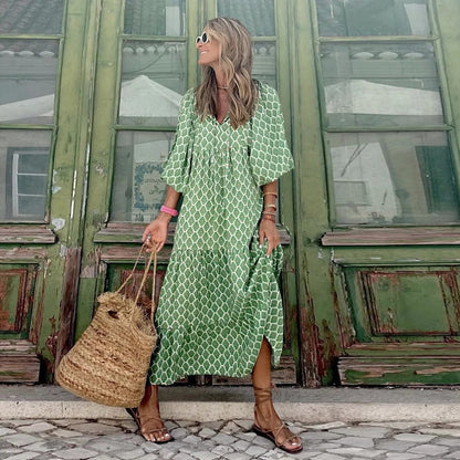 xakxx- Half Bubble Sleeves V-Neck Long Dress Women's Casual Loose Maxi Dress Green Geometric Printed Robe Bohemian Party Dresses