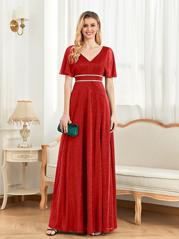 xakxx Elegant Evening Dresses Floor Lenght V-Neck Green Chiffon Split Short Sleeves Bridesmaid Party Long Wome Prom Dress
