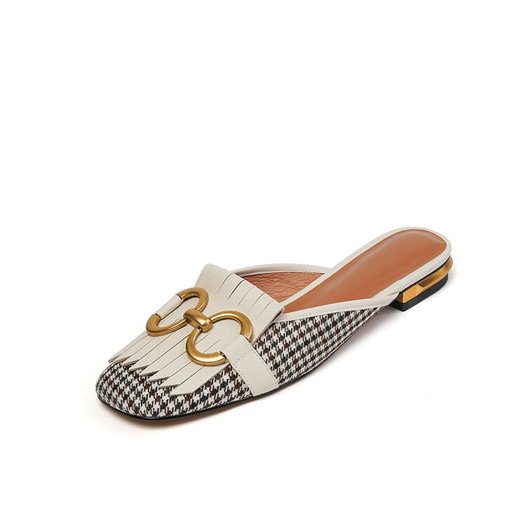 xakxx Fall Outfit Women's Slippers Retro Houndstooth Tassel Casual Shoes For Woman Summer Outdoor Ladies Slides Metal Buckle Low Heel Sandals