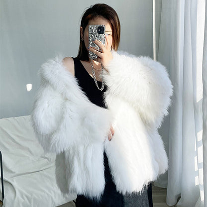 xakxx High Quality Luxury Faux Fur Coats Women Loose Hooded Fox Fur Jacket Fashion Warm Thick Coat Girl Winter Fluffy Furry Fur Jacket