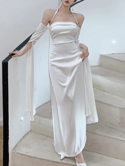 xakxx Fashion Women Casual Elegant Party White Dress Halter Vintage A-Line Prom Wedding Robe Female Outerwear Vestidos Clothes New