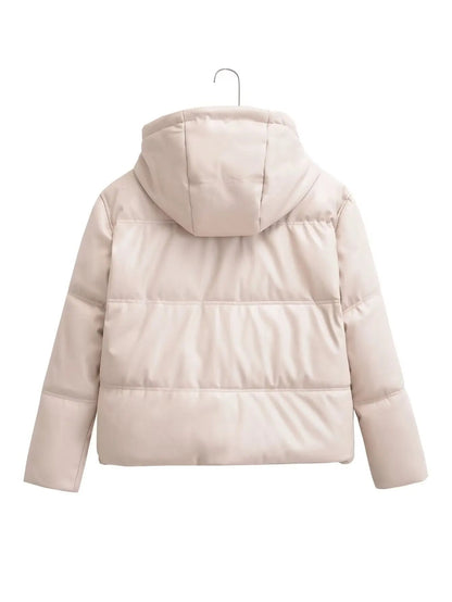 xakxx - Autumn New Solid Color Versatile Warm Hooded Zipper Closure Elastic Band Adjustable Hem Short Padded Jacket Coat Women