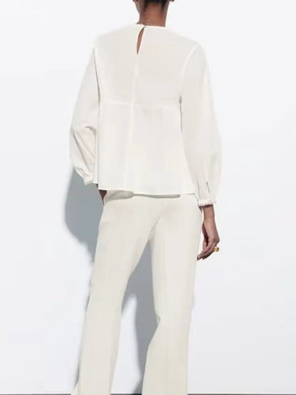 xakxx xakxx - New women's casual all-match round neck lace decoration long-sleeved white slit blouse top 3666122
