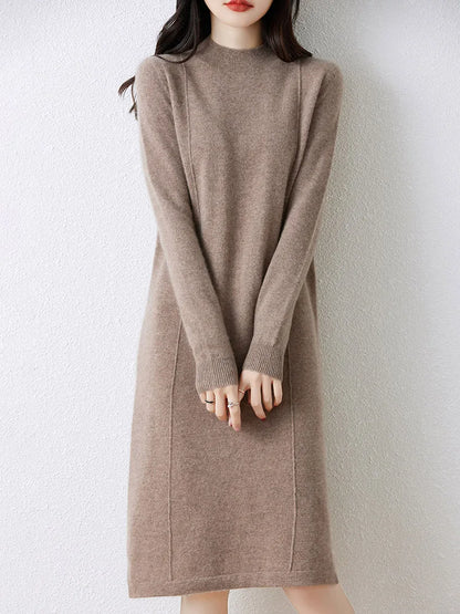 xakxx xakxx-Cashmere sweater women's 100 pure wool long semi-turtle neck skirt autumn and winter loose sweater dress