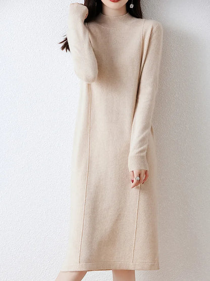 xakxx xakxx-Cashmere sweater women's 100 pure wool long semi-turtle neck skirt autumn and winter loose sweater dress