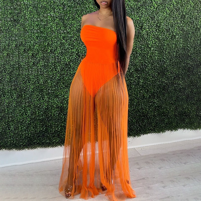 xakxx Fashion Women Mesh Maxi Dress Robes Beachwear Off Shoulder Leaf Print Tube See-Through Pleated Long Party Club Dress