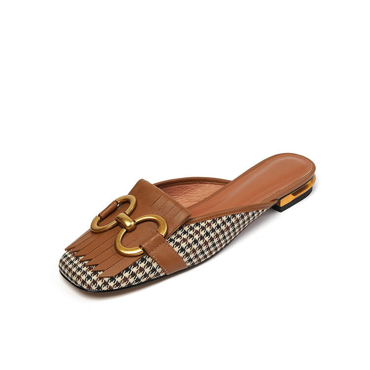 xakxx Fall Outfit Women's Slippers Retro Houndstooth Tassel Casual Shoes For Woman Summer Outdoor Ladies Slides Metal Buckle Low Heel Sandals