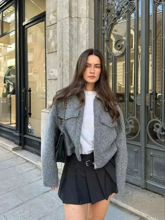 xakxx- Vintage Women Gray Cropped Woolen Jacket Long Sleeve Pockets Female Autumn Winter Short Coat