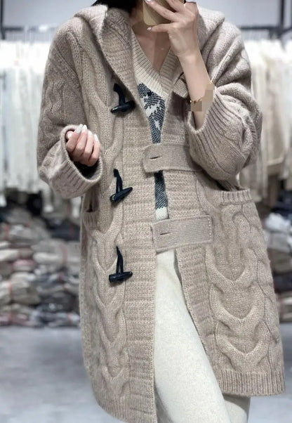 xakxx xakxx-Fall/winter cashmere hooded knit cardigan sweater coat women's long loose lazy wind thickened horn button coat