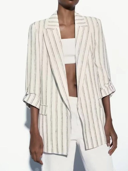 xakxx - New Women's Clothes  Casual Elegant Sexy Temperament Fashion Stripe Rollable Sleeve Casual Suit Jacket