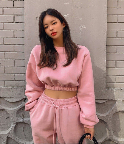 xakxx Women Pullover Hoodies Sweatshirts Suit Winter Spring Solid Casual Tracksuit Fleece 2 Pieces Set Sweatpants Quality Outfits