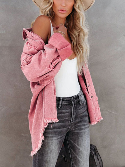 xakxx Jackets for Women  Spring Autumn New Lapel Long Sleeve Denim Coat Vintage Clothing Streetwear Ladies Tops Women Coats Frayed