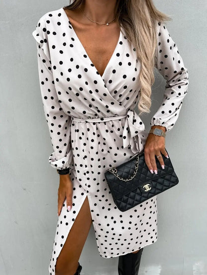 xakxx- Sexy Black Shirt Dress Women One Piece Deep V Neck Long Sleeve Mini Blouse Split Skirt Dresses Autumn