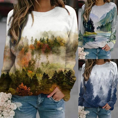 xakxx- Art Graphics T Shirt Women Loose Long Sleeve Sports Sweatshirt Female Natural Scenery Printed Tops Autumn Clothing