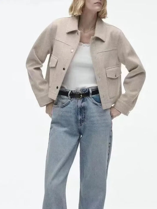 xakxx- Spring new women's  front metal snap closure with patch pocket lapel long-sleeve soft jacket jacket